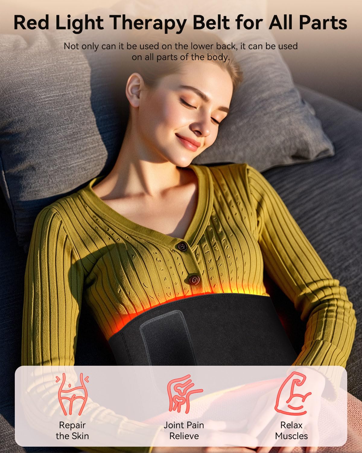 DRMATE belt fits around waist, stomach, and shoulders for multiple areas