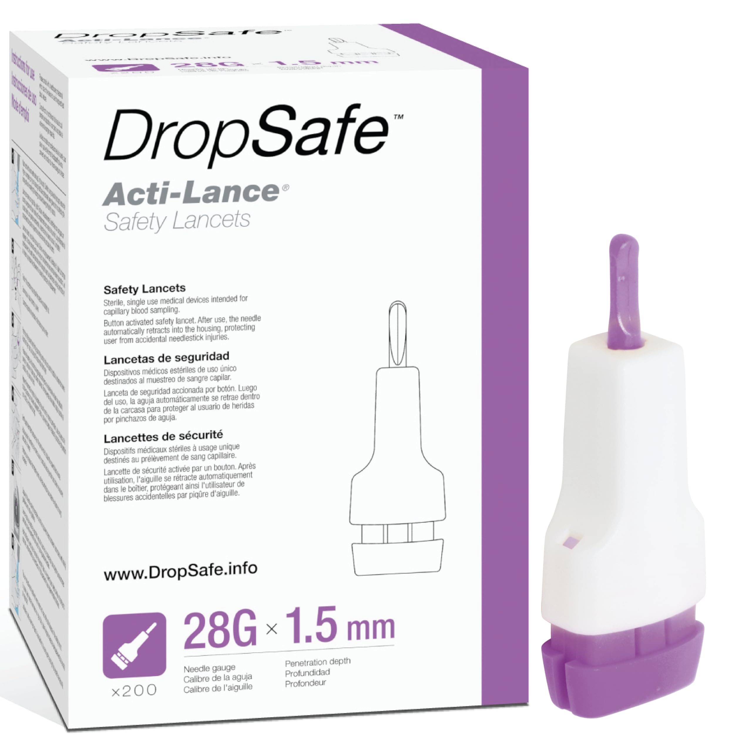 DropSafe Acti-Lance safety lancet with top-button activation for effortless sampling.
