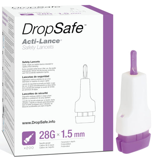DropSafe Acti-Lance safety lancet with top-button activation for effortless sampling.
