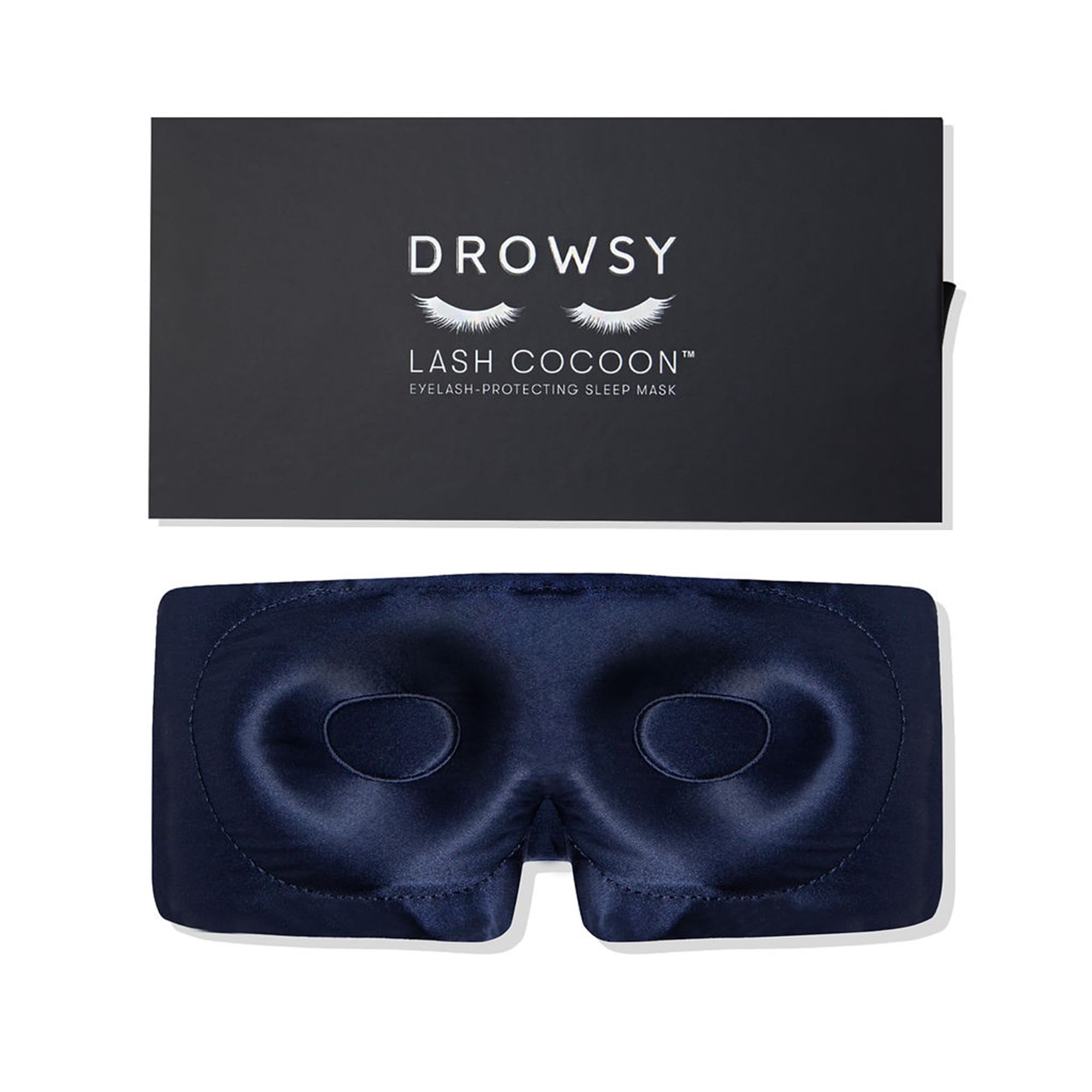 Drowsy eyelash-protecting silk sleep mask in midnight blue shields lashes gently.