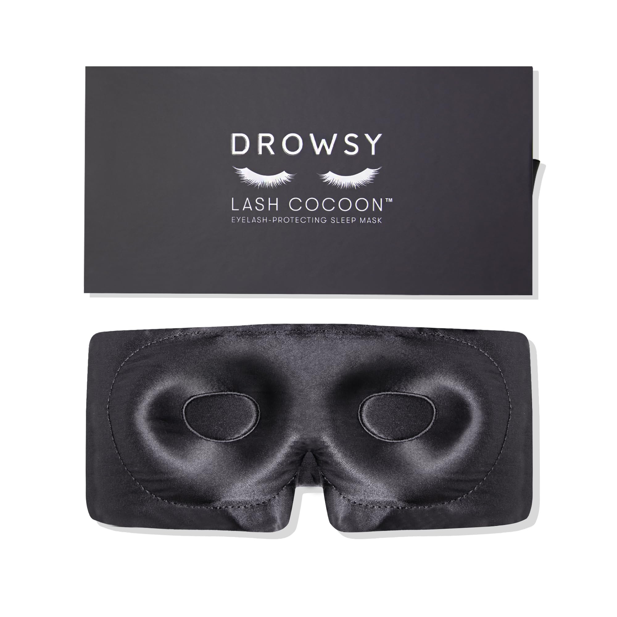 Drowsy eyelash protecting silk sleep mask with moonlight shadow design blocks light gently.