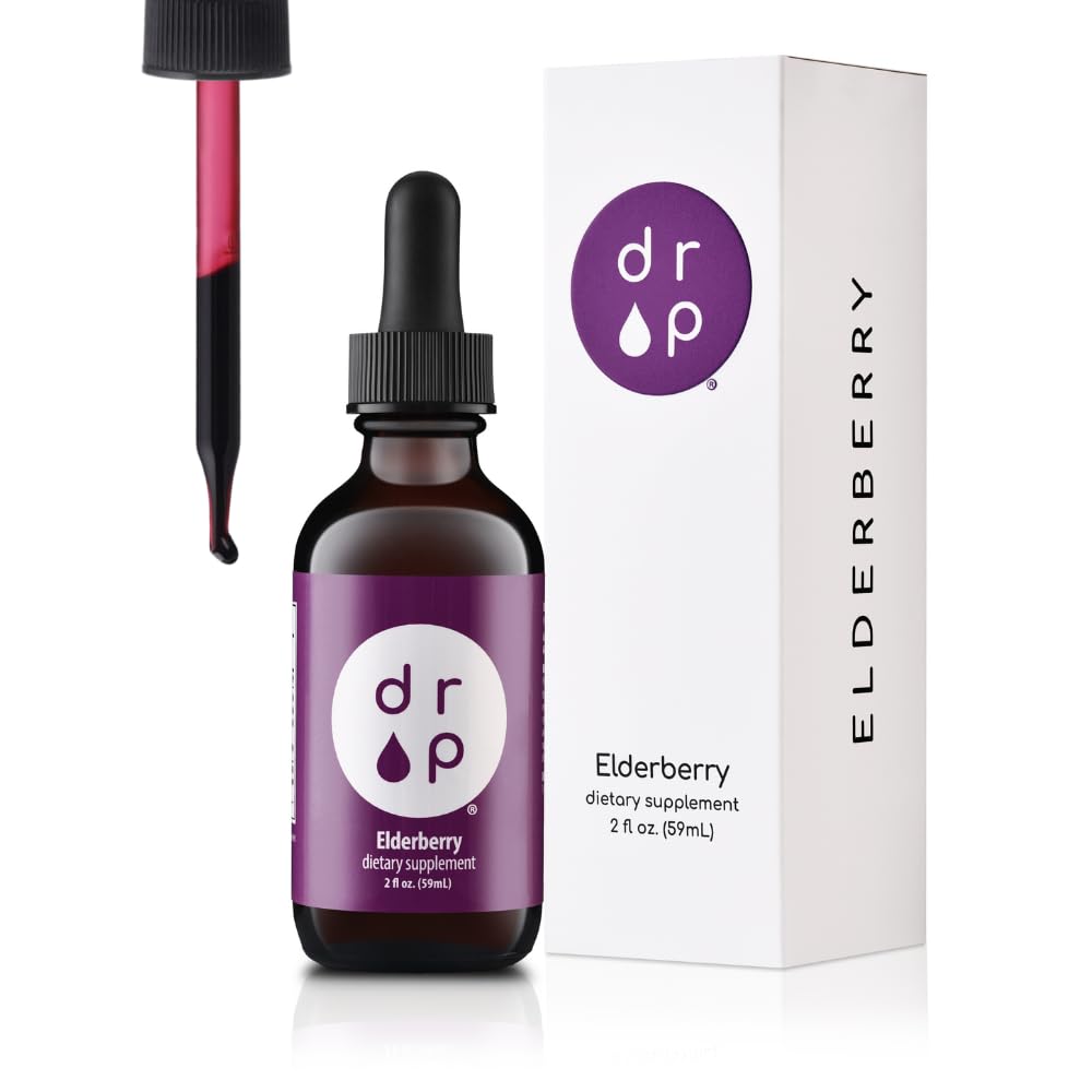 DRP Elderberry Liquid Drops bottle pour showing convenient daily use
