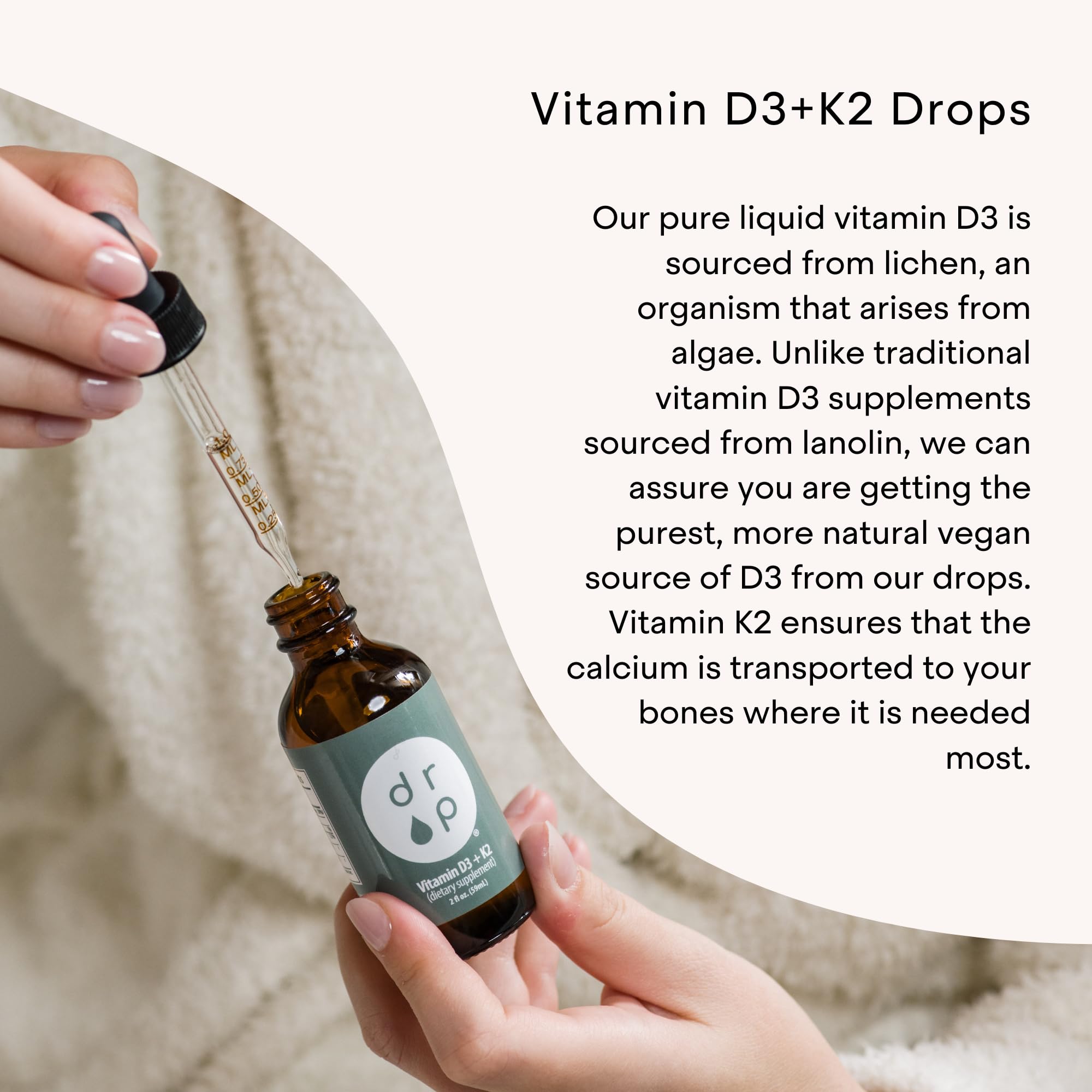 DRP labels highlight plant-based D3 from lichen source for vegan use.