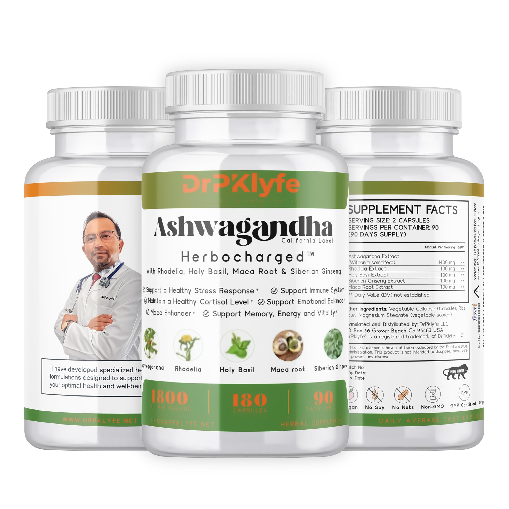 DrPKLyfe Ashwagandha Complex bottle front showcasing stress support blend