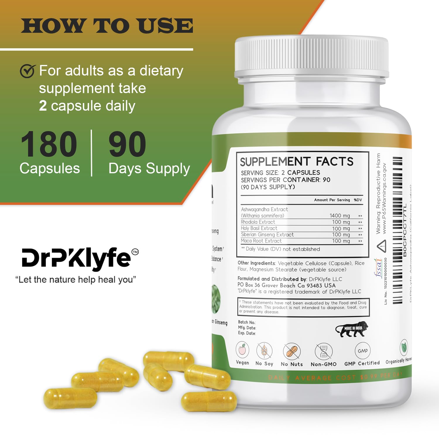 DrPKLyfe Ashwagandha Complex capsules arranged for wellness