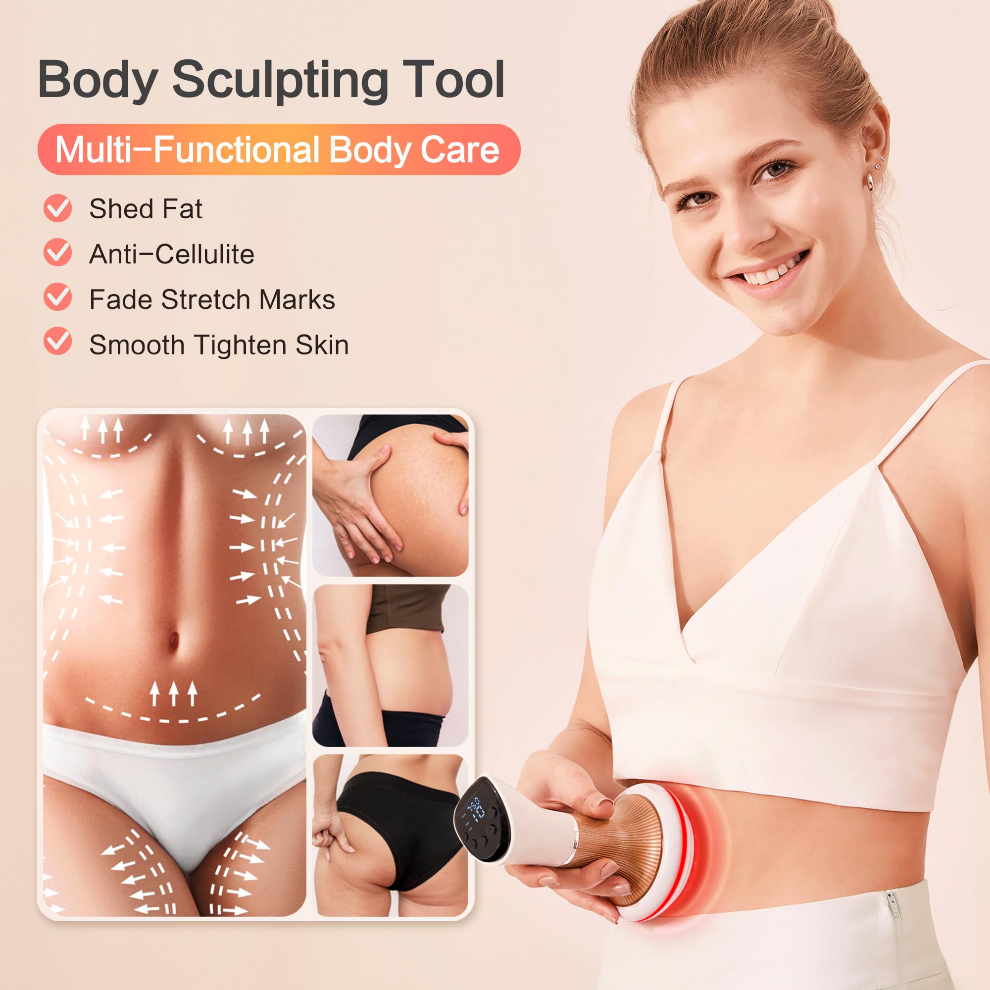 Handheld massager applying heating and vibration for comfort.