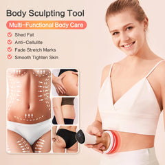 Handheld massager applying heating and vibration for comfort.