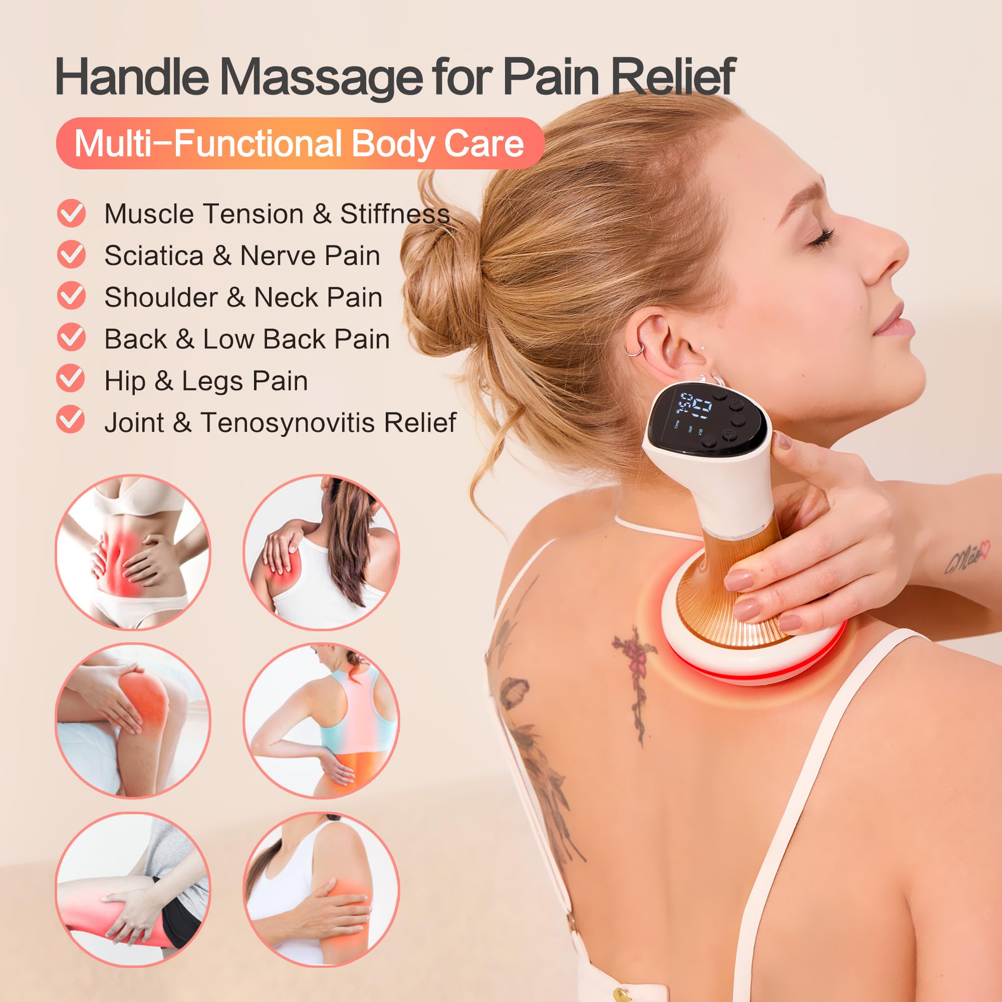 Massager with red light therapy for potential skin benefits.