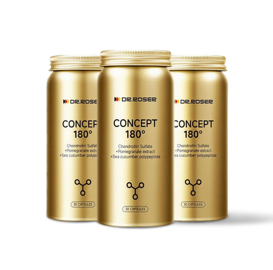 DR.ROSER 180° capsules close-up showing high-potency formula for daily vitality.