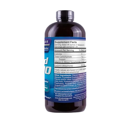 Drs Advantage Liquid CoQ10 bottle back with usage directions for informed dosing.