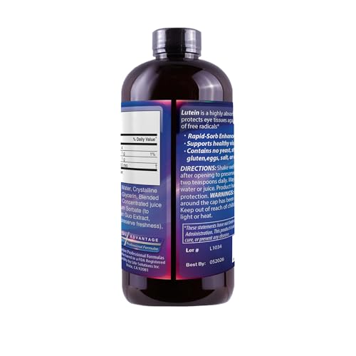 Dr's Advantage Liquid Lutein label closeup highlights ingredients and serving size.