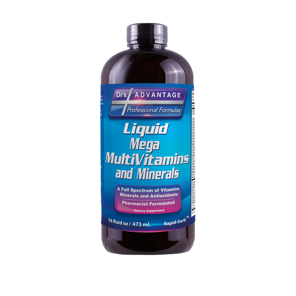 Drs Advantage Liquid Mega Multivitamins 32oz bottle closeup for daily nutrition support.