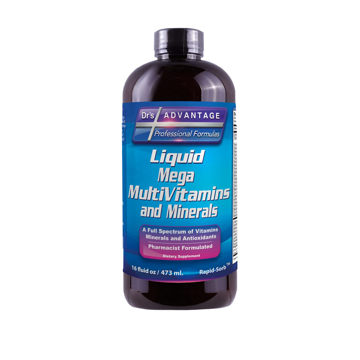 Drs Advantage Liquid Mega Multivitamins 32oz bottle closeup for daily nutrition support.