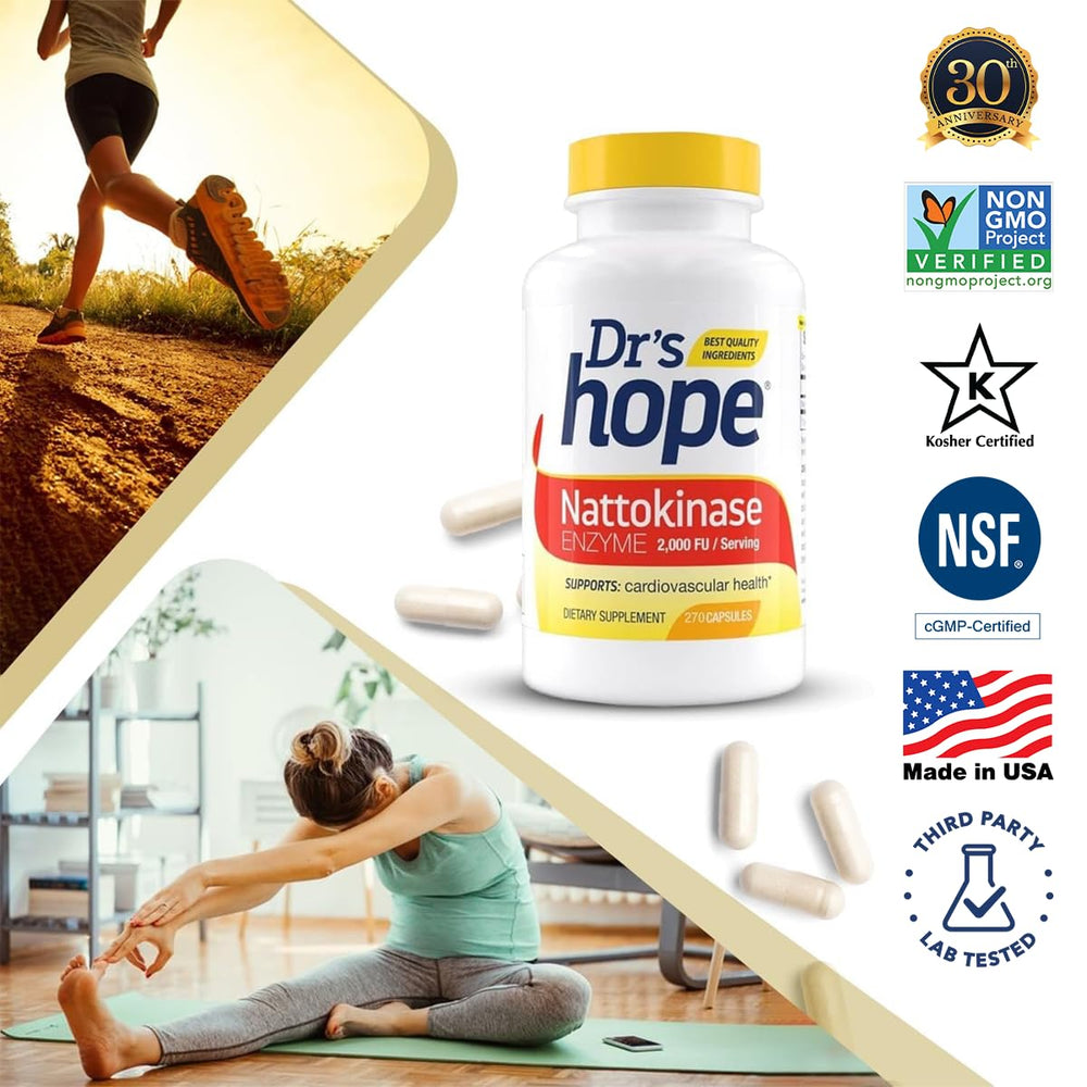 Dr’s Hope nattokinase cgmp-certified seal on bottle label.