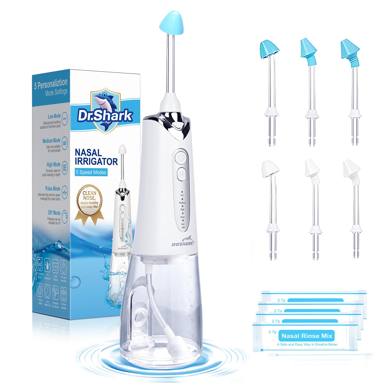 DR.SHARK cordless nasal irrigation system front view, compact and easy for daily sinus cleansing.