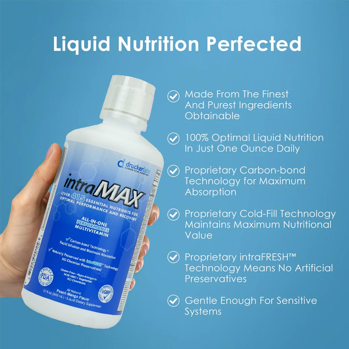 32 oz Peach Mango bottle label highlights non GMO and allergen-free features
