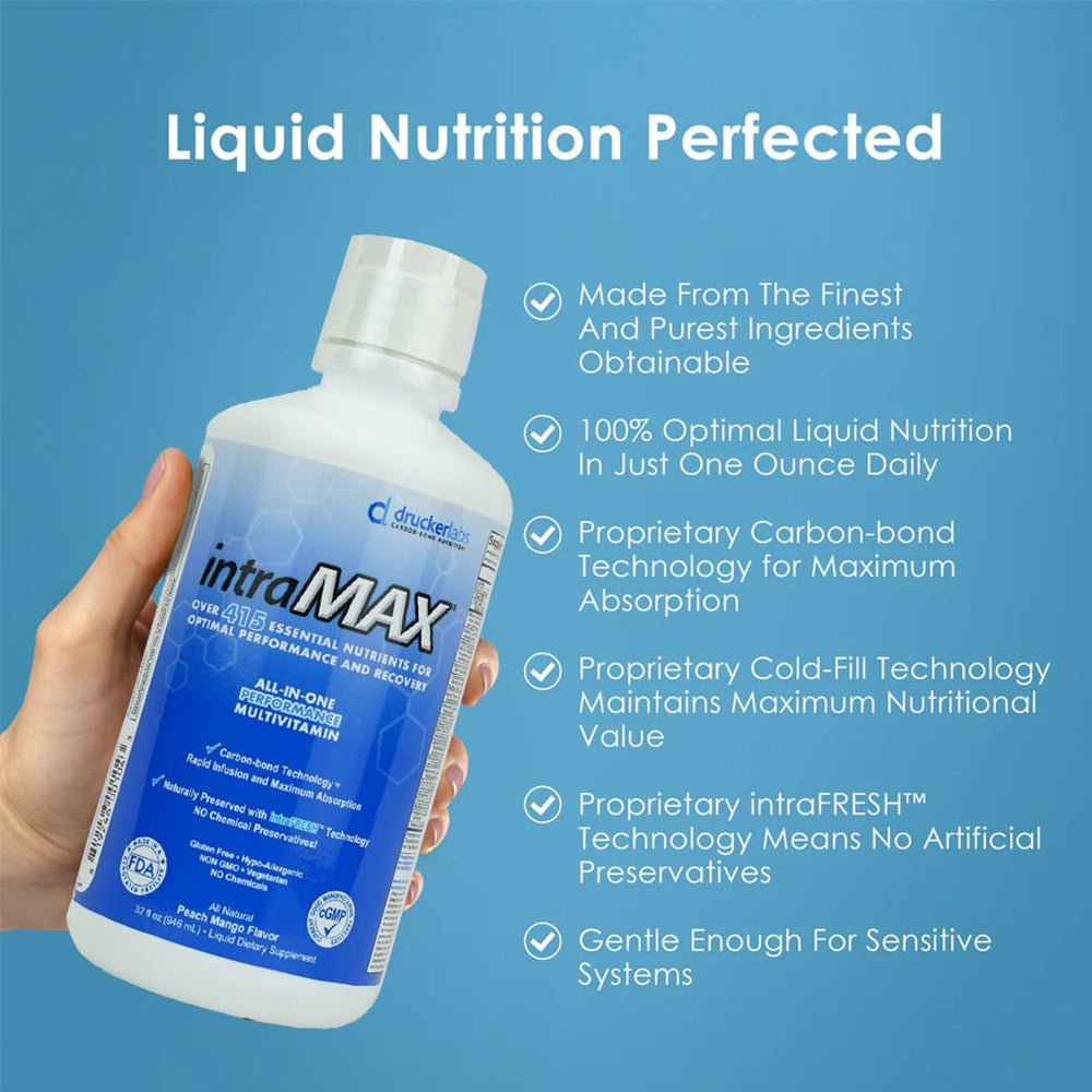 32 oz Peach Mango bottle label highlights non GMO and allergen-free features