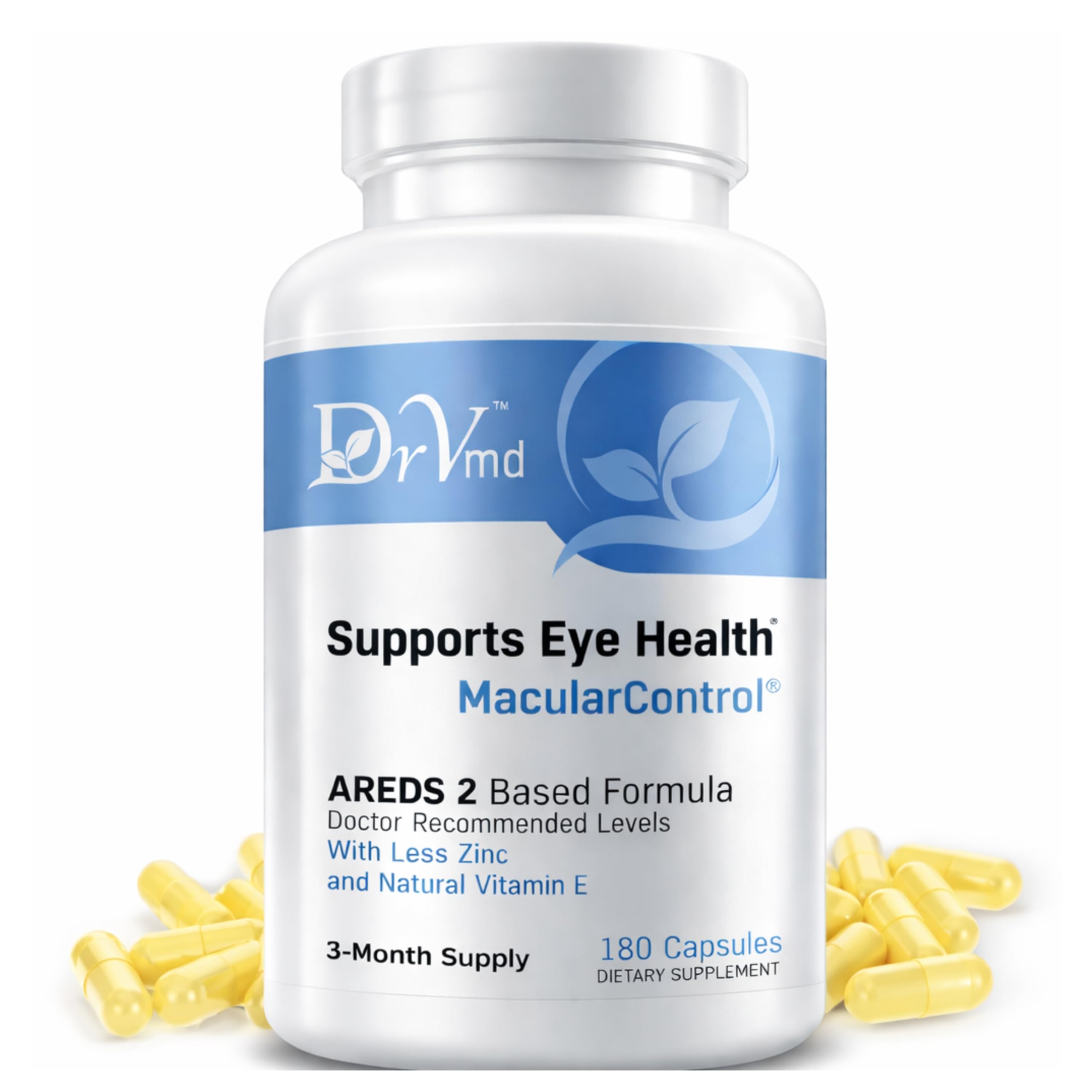 DrVmd Macular Control bottle cap closeup highlighting easy daily eye nutrition.