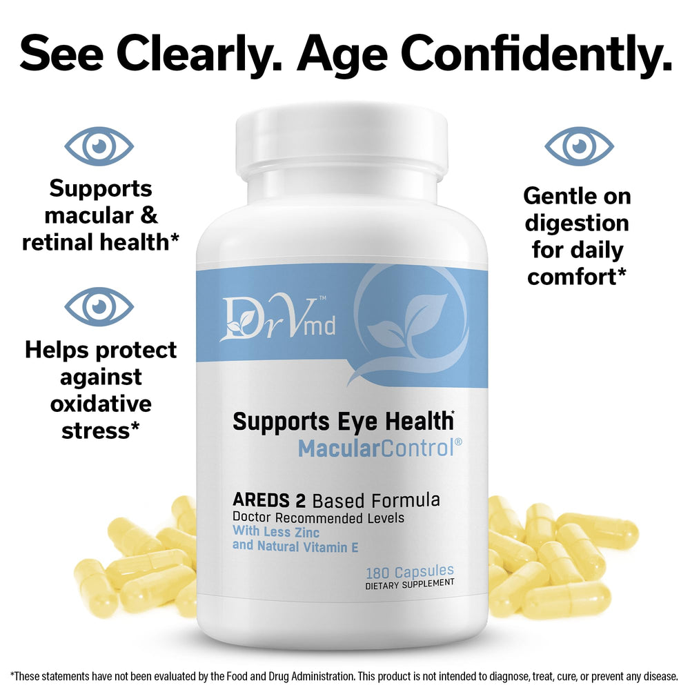DrVmd Macular Control label detail with AREDS 2 blend information.