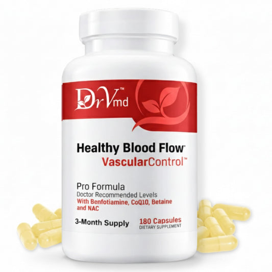 DrVmd Vascular Control bottle pour illustrating easy daily dosing for circulation support
