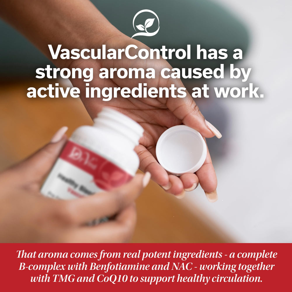 DrVmd Vascular Control ingredient panel highlights CoQ10 and benfotiamine