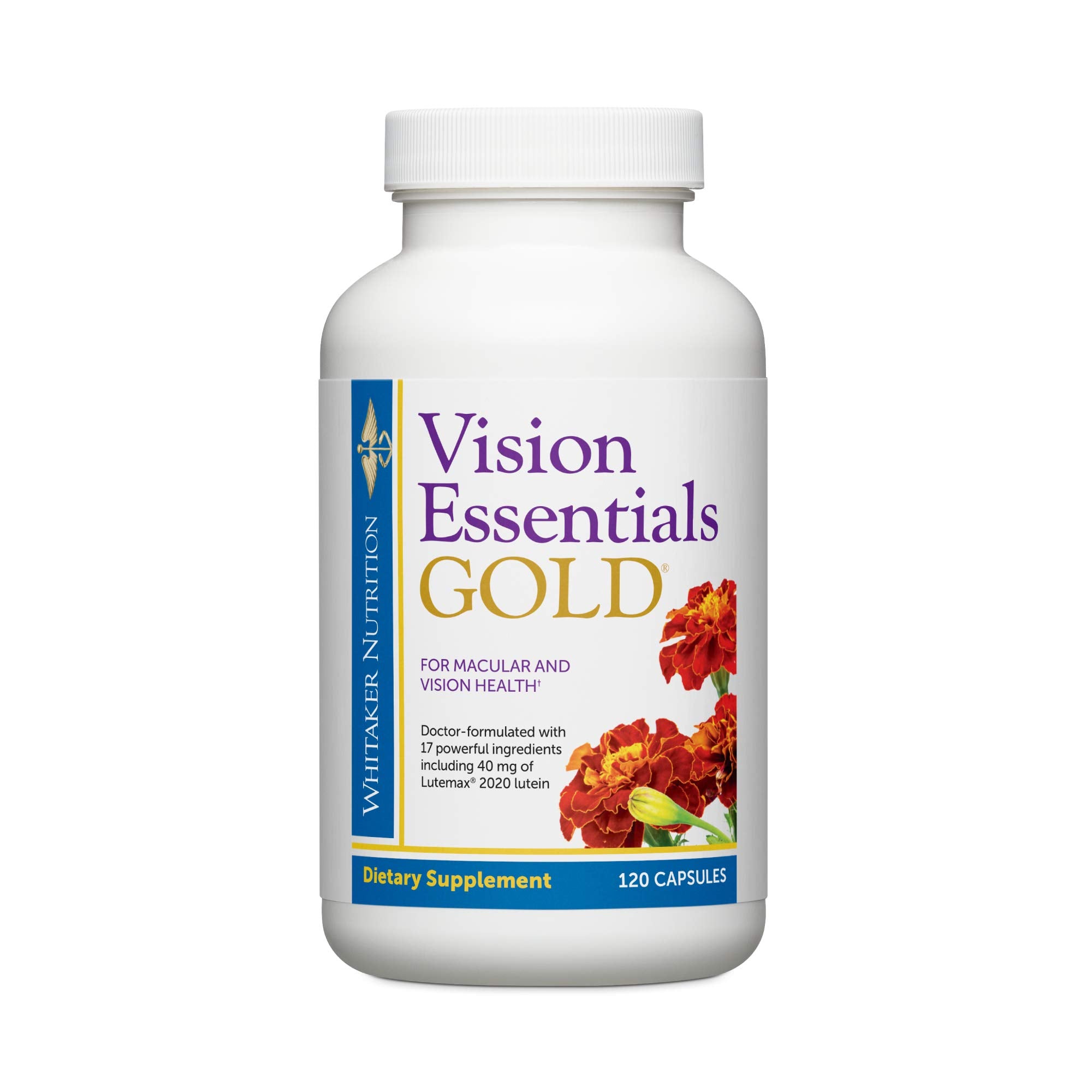 Dr. Whitaker Vision Essentials Gold bottle highlighting eye health support