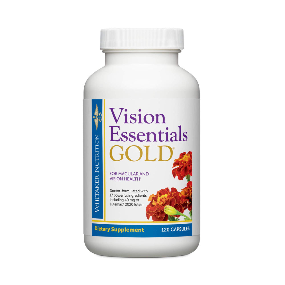 Dr. Whitaker Vision Essentials Gold bottle highlighting eye health support