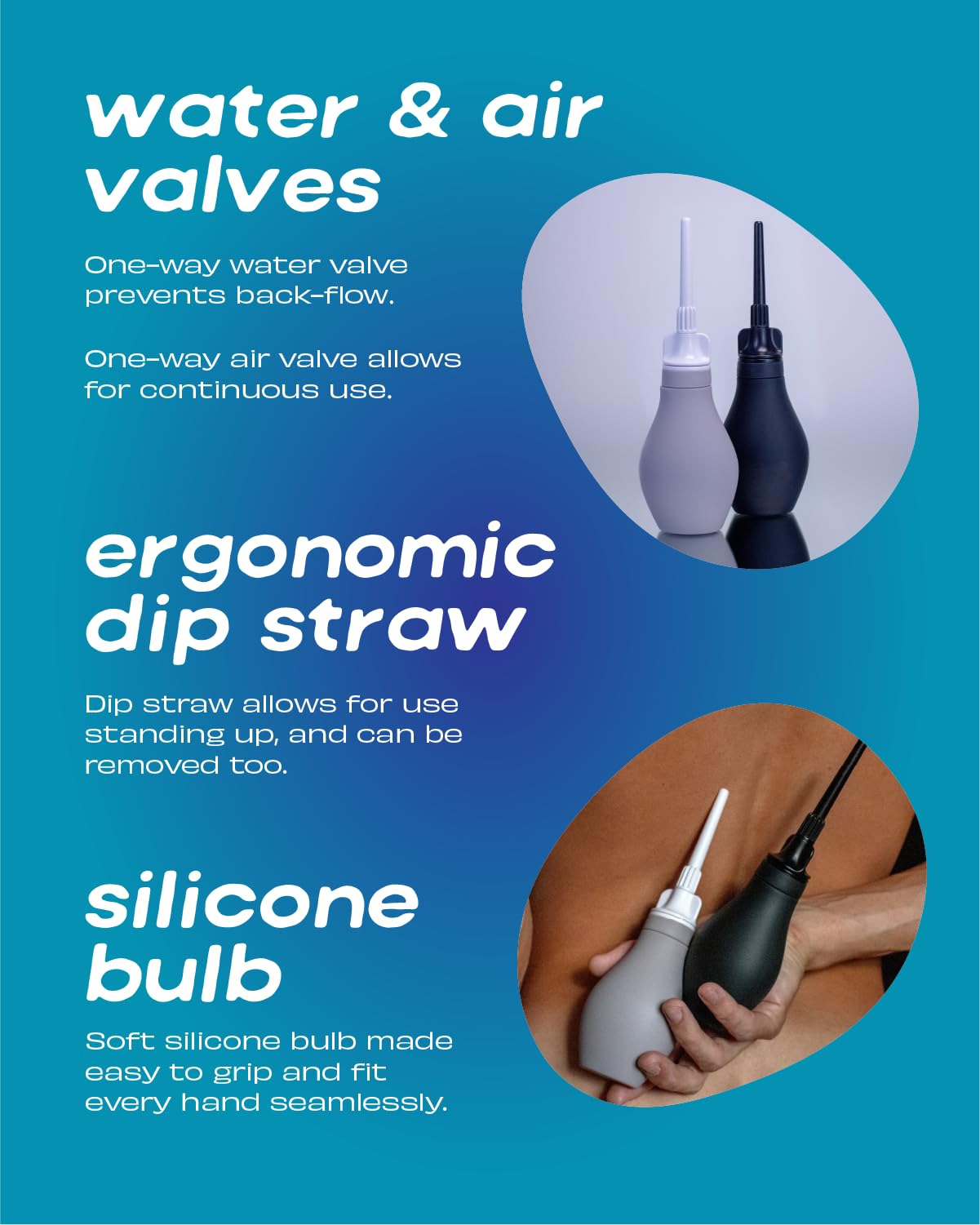 Du ergonomic grip helps secure the bulb during use for controlled flows