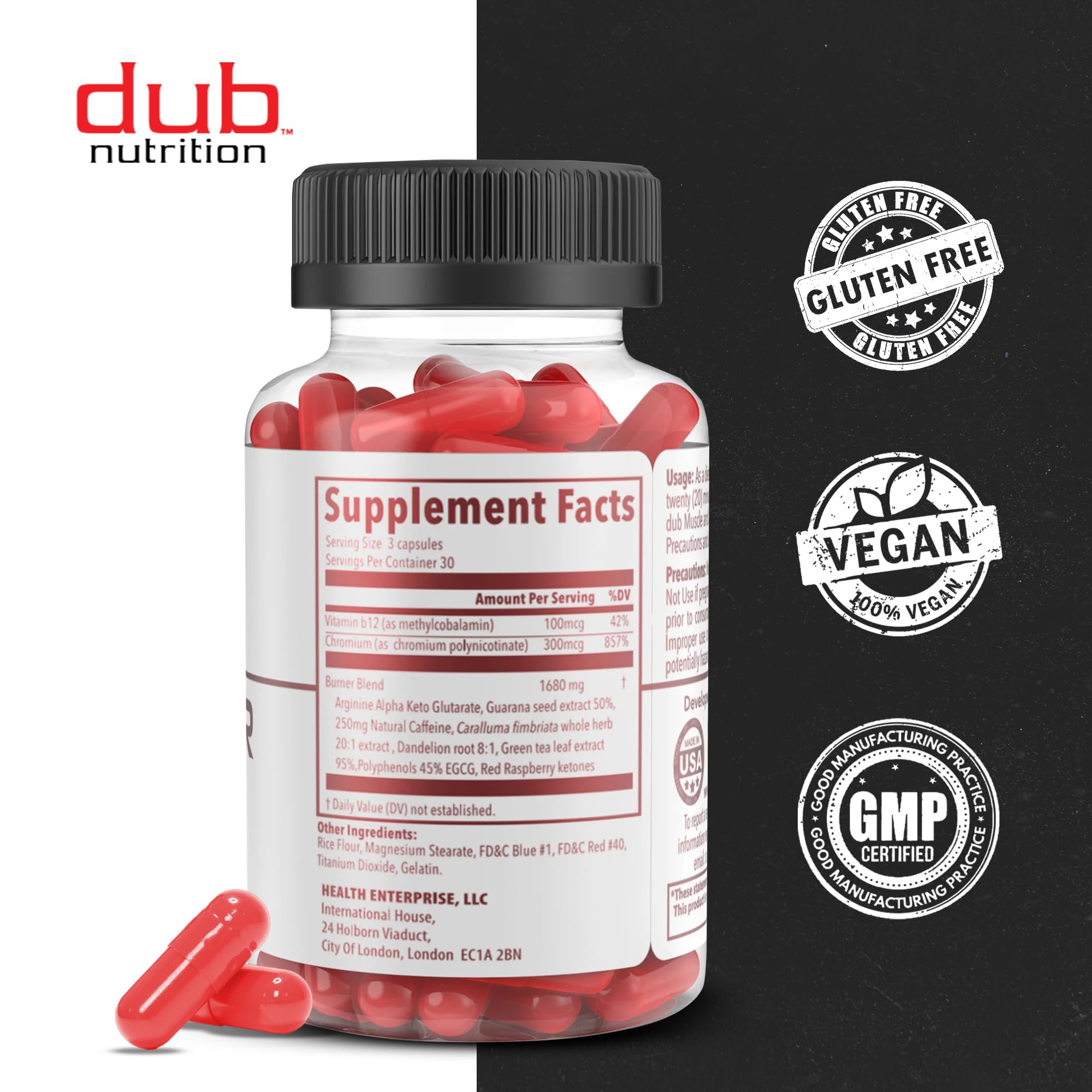 Dub Nutrition Burner capsules closeup highlights easy-to-take capsules for vitality and energy.