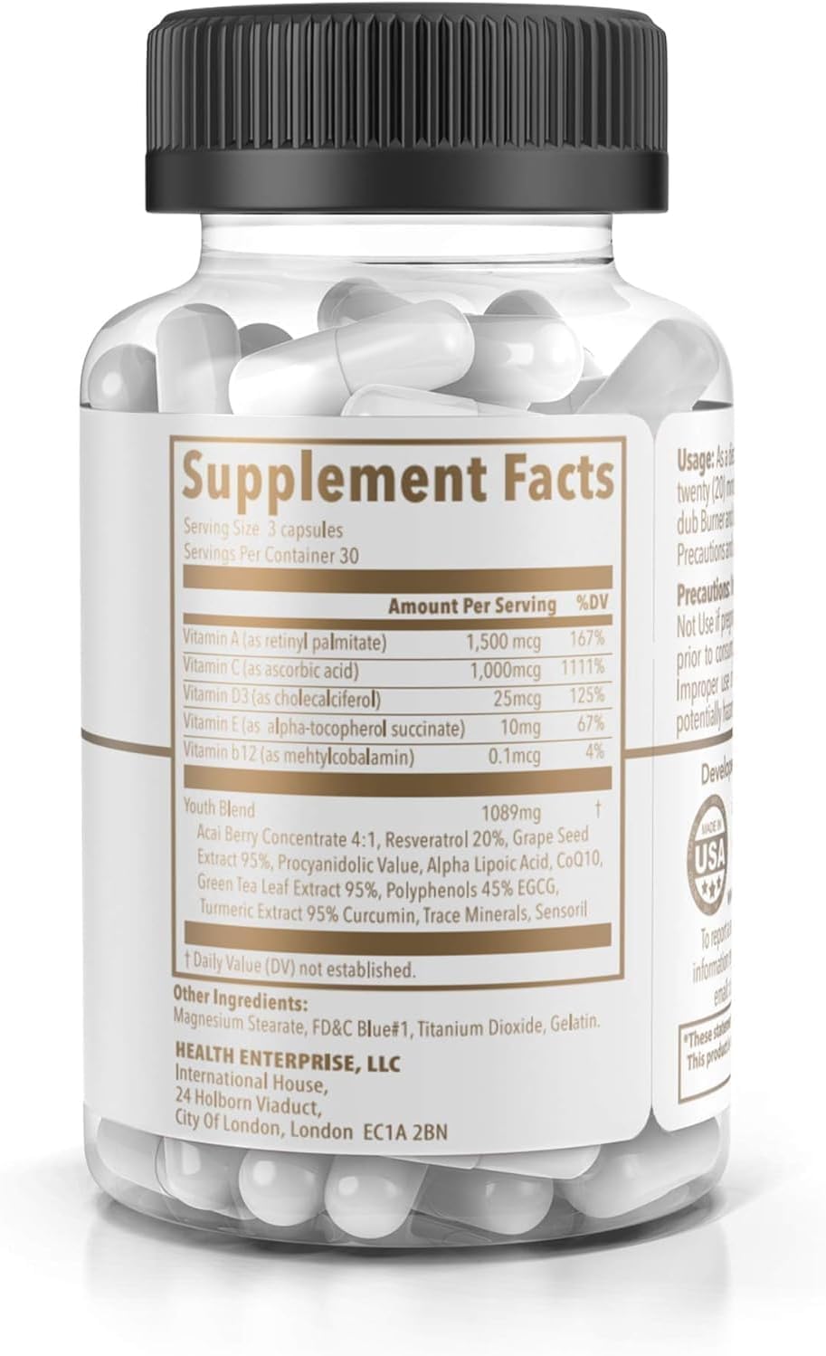 Dub Nutrition Youth capsules close-up in a glass of water