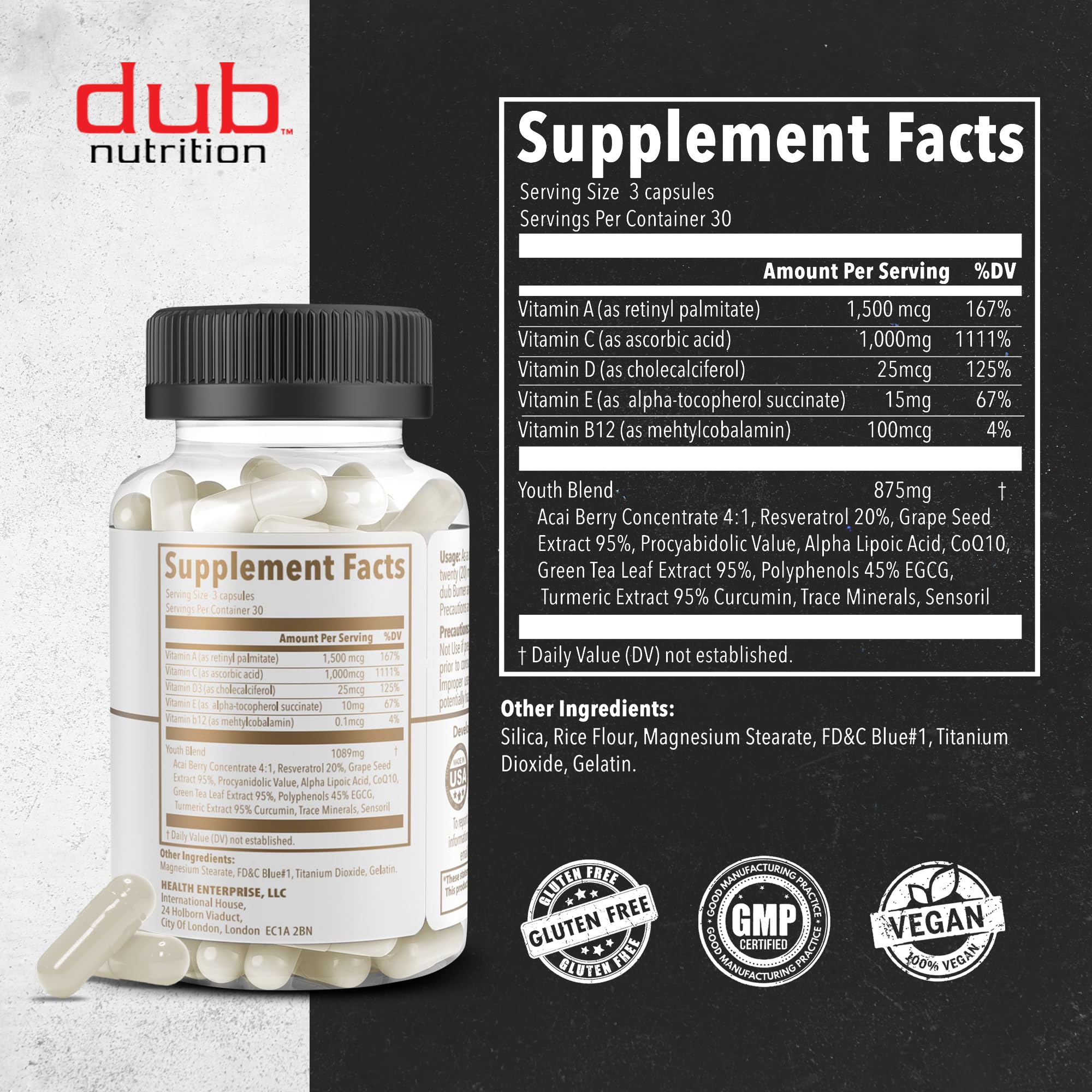 Dub Nutrition Youth capsules close-up with curcumin-coq10 for mobility support