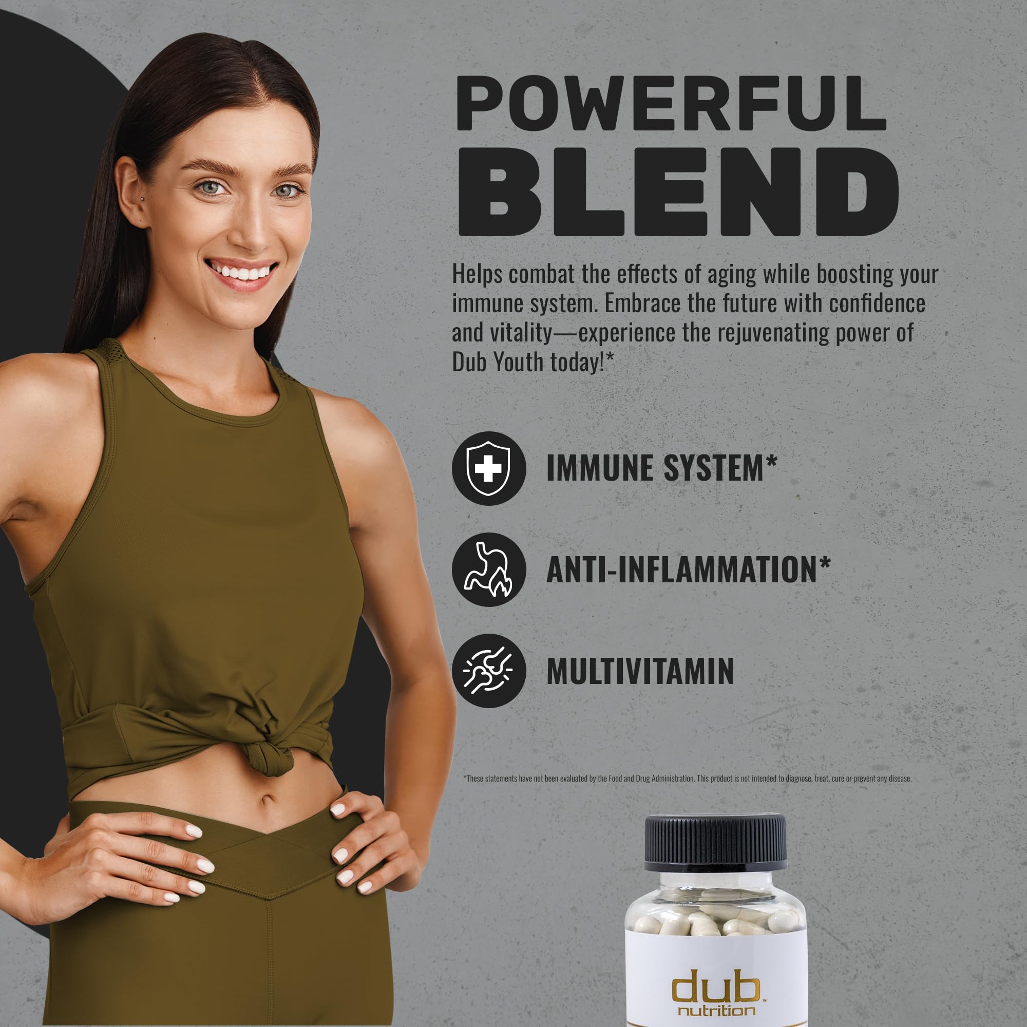Dub Nutrition Youth ingredients gallery shows acai, grape seed, and resveratrol blend