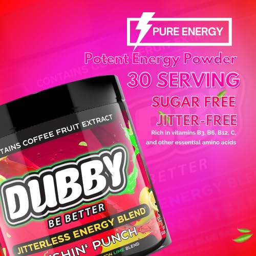 Dubby brand label closeup on energy powder packaging.