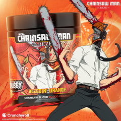 Dubby Chainsaw Man Reze Arc blood orange flavor powder scoop ready for mixing.