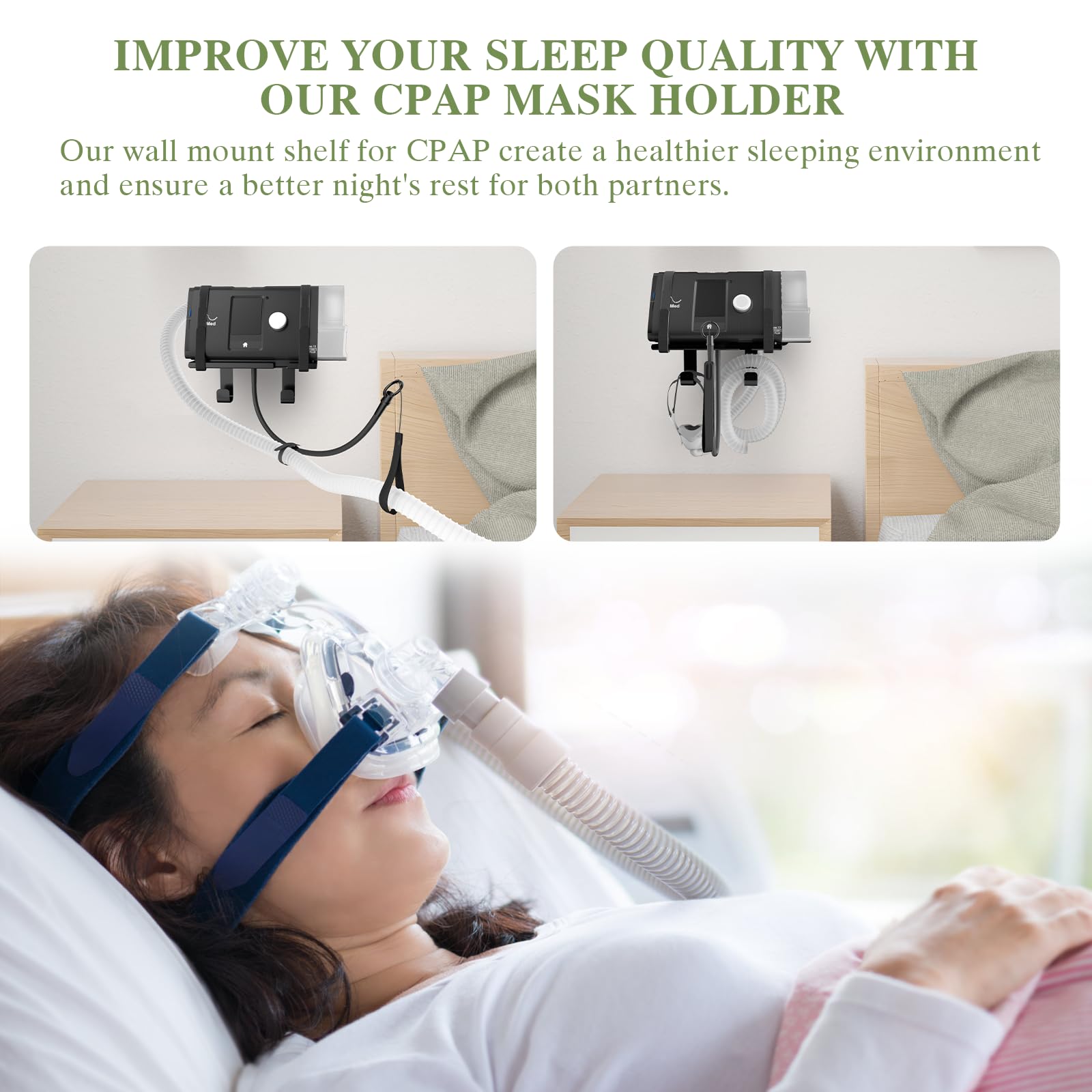 DUDUXI CPAP wall-mount setup beside bed creates a tidy nightstand area.