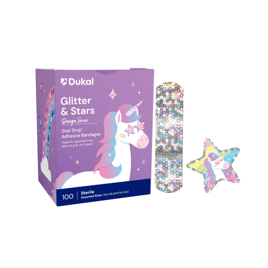DUKAL American White Cross glitter-design bandages for kid-friendly care.