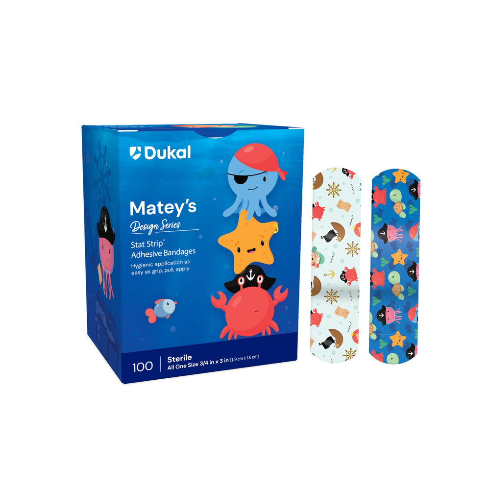 Dukal Design Series Matey's bandages packaging with kid-friendly designs for easy selection.