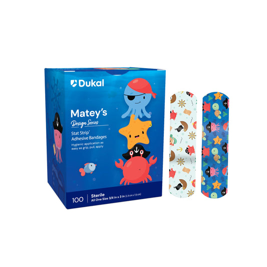 Dukal Design Series Matey's bandages packaging with kid-friendly designs for easy selection.