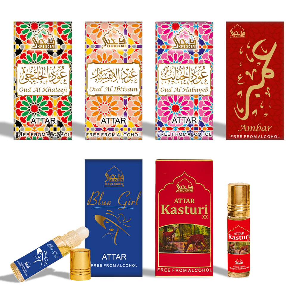 Dukhni Premiere Attar Set rollerball bottles for portable fragrance on the go.