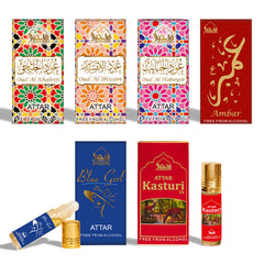 Dukhni Premiere Attar Set rollerball bottles for portable fragrance on the go.
