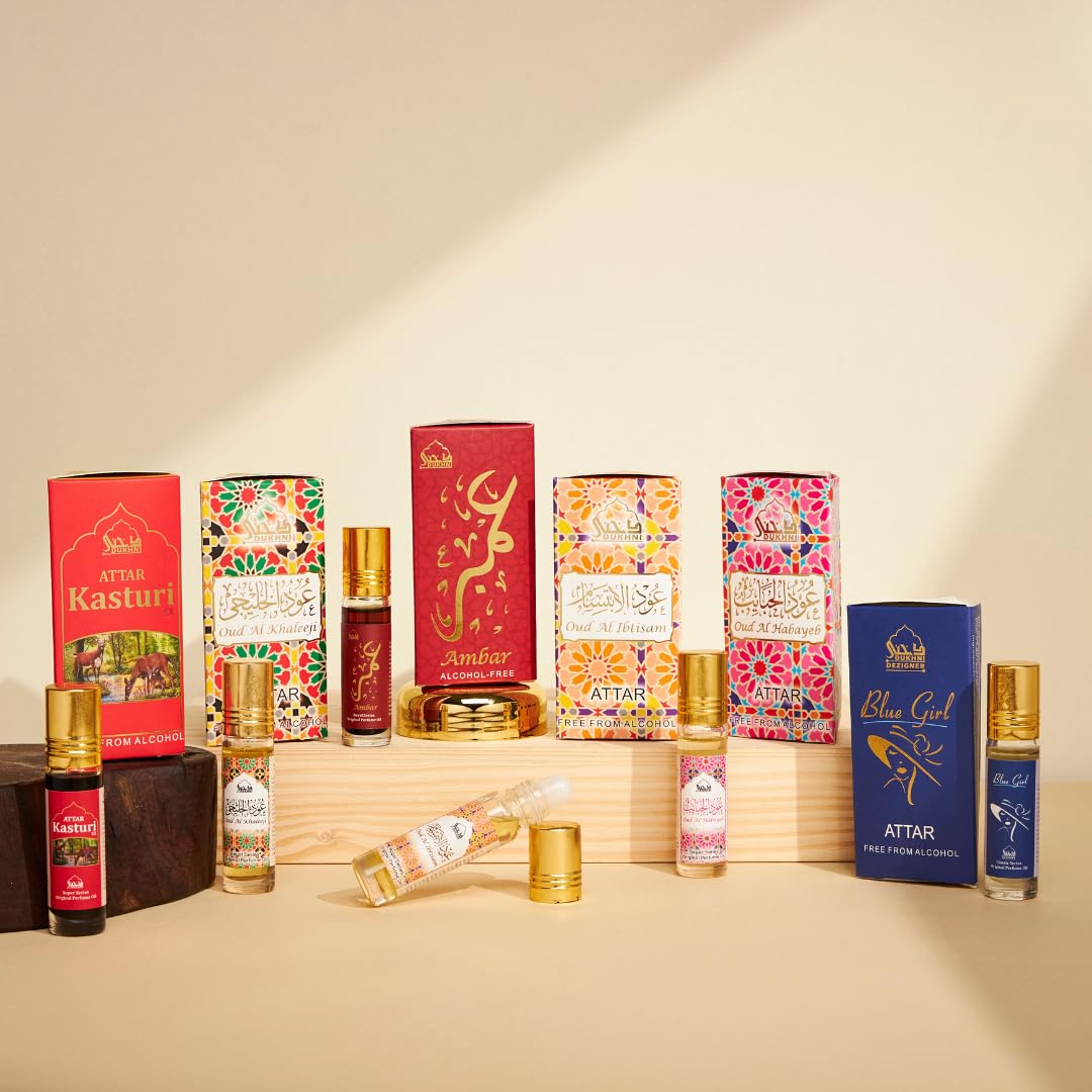Dukhni Premiere Attar Set vegan, non-alcoholic oils for clean fragrance.