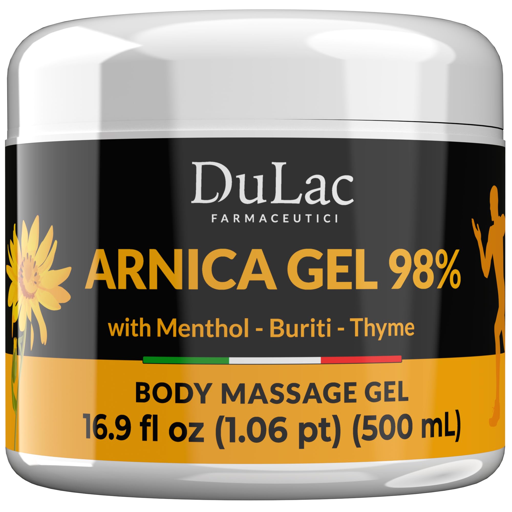 Dulac Arnica gel bottle showing lightweight, fast-absorbing massage formula.
