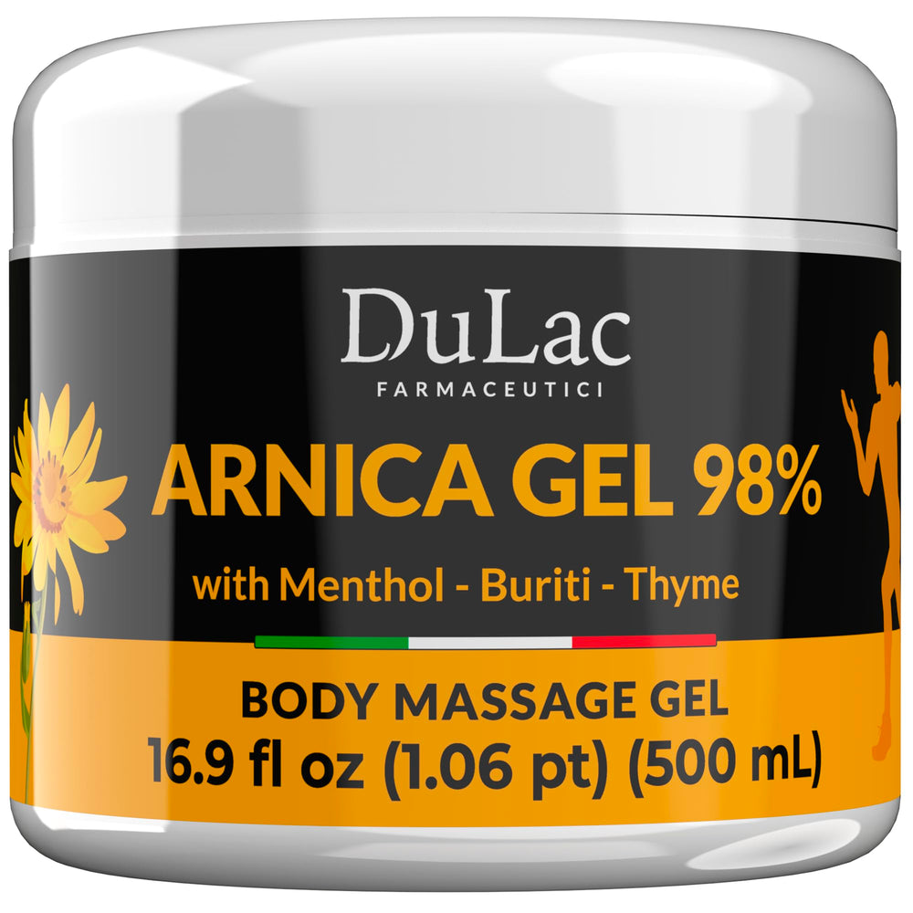 Dulac Arnica gel bottle showing lightweight, fast-absorbing massage formula.