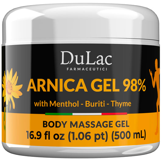 Dulac Arnica gel bottle showing lightweight, fast-absorbing massage formula.