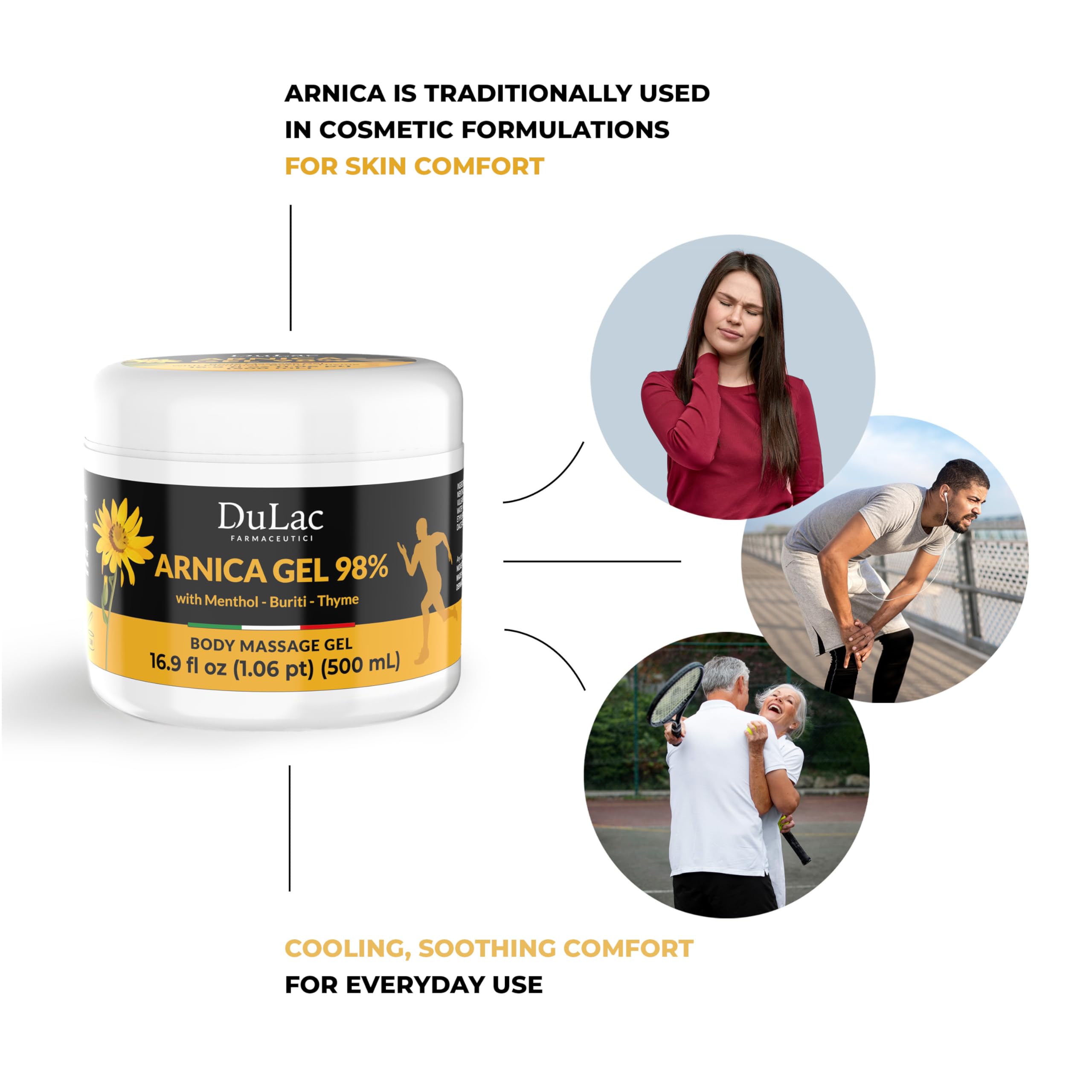 Dulac Arnica Body Massage Gel label with dermatologically tested badge.