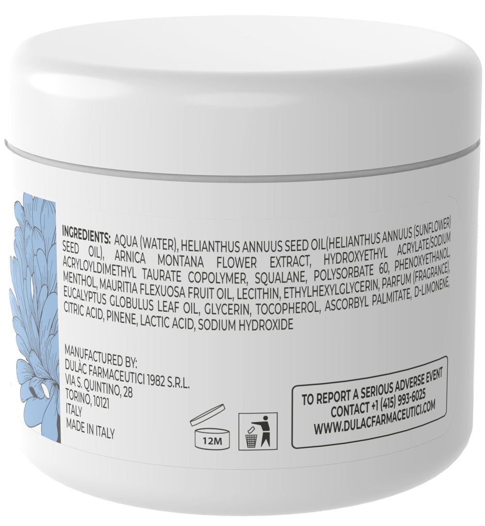Dulàc Arnica Cream packaging close-up highlighting natural ingredients and ultrasound extraction
