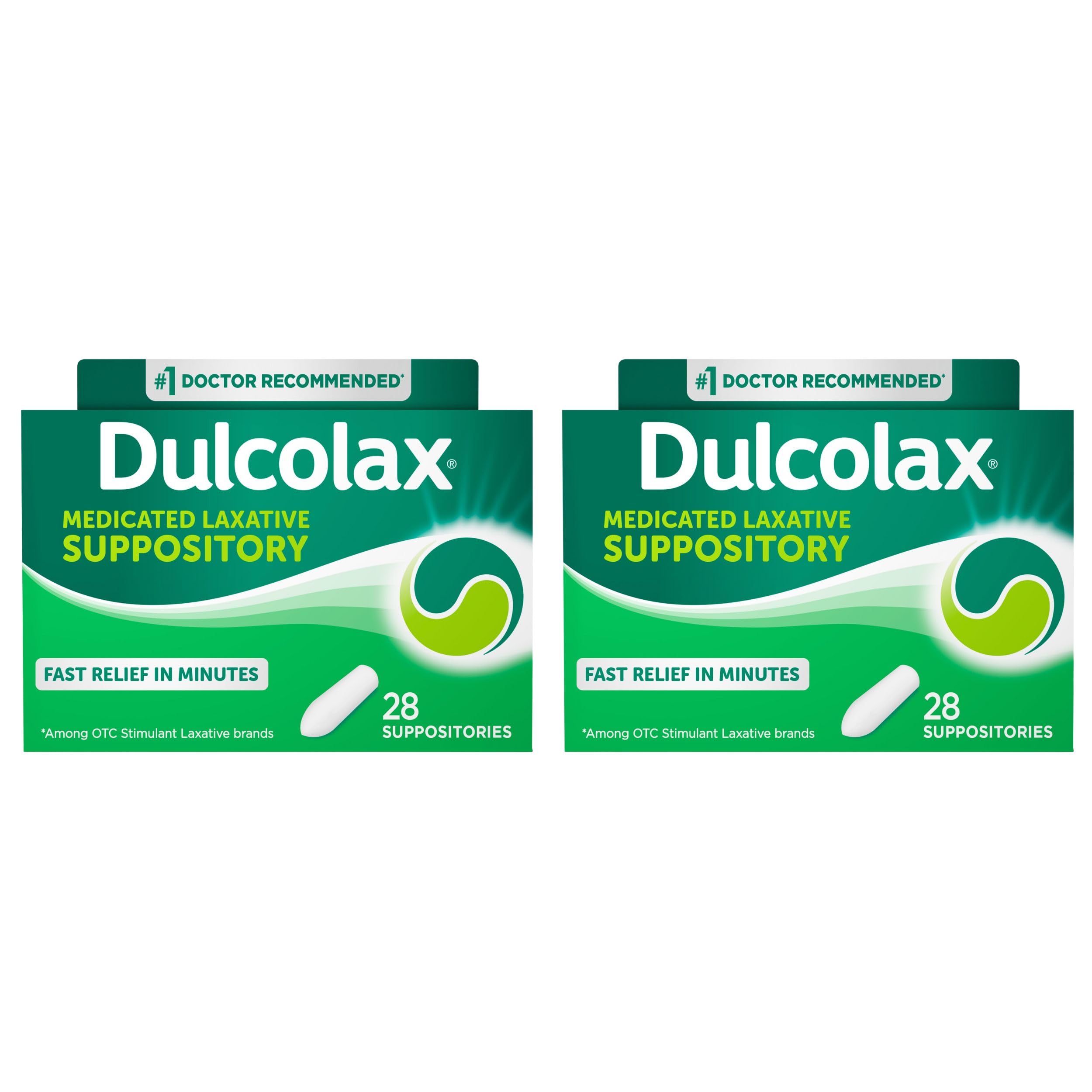 Dulcolax front packaging of the 2-pack 28-count suppositories, ready for quick relief