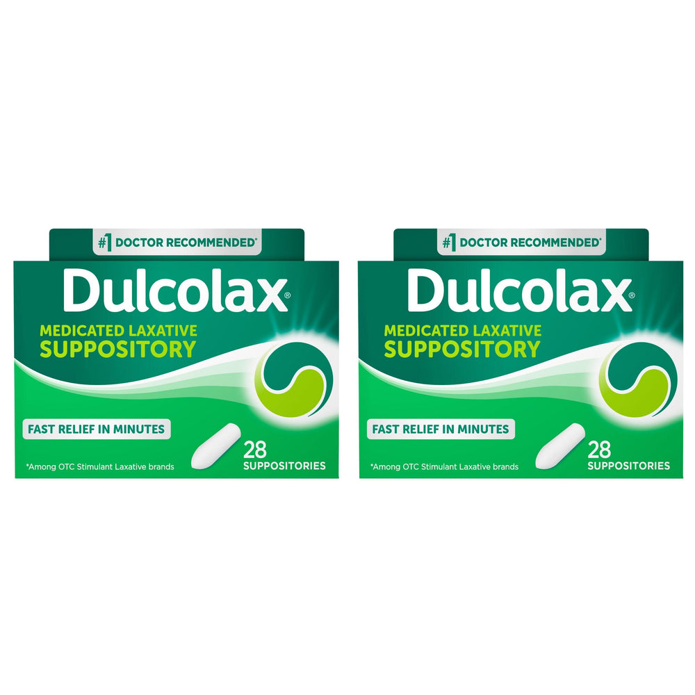Dulcolax front packaging of the 2-pack 28-count suppositories, ready for quick relief