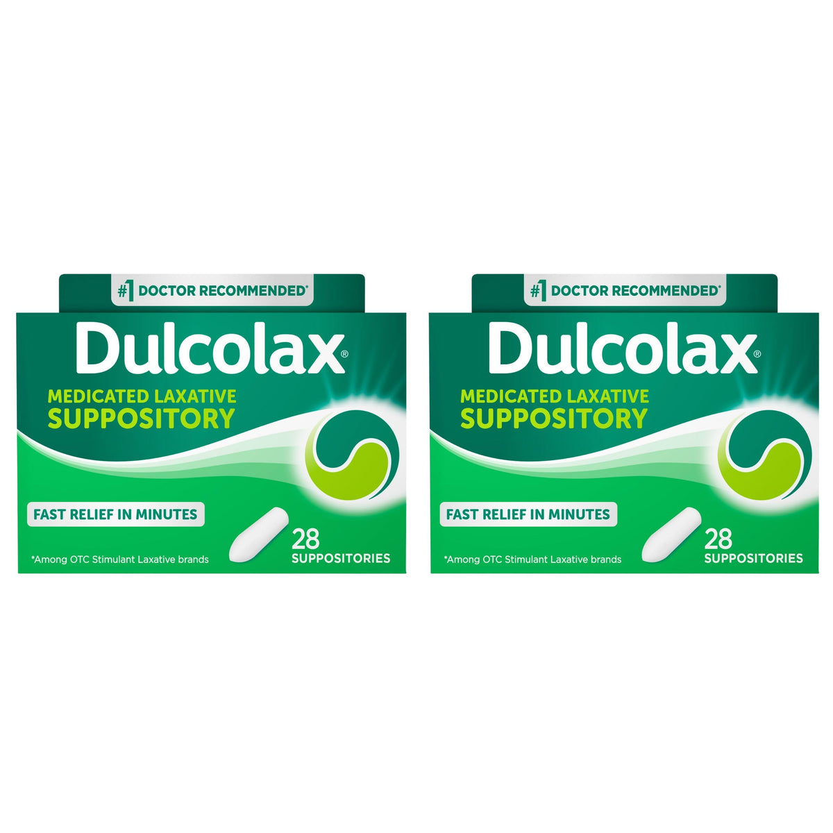 Dulcolax front packaging of the 2-pack 28-count suppositories, ready for quick relief