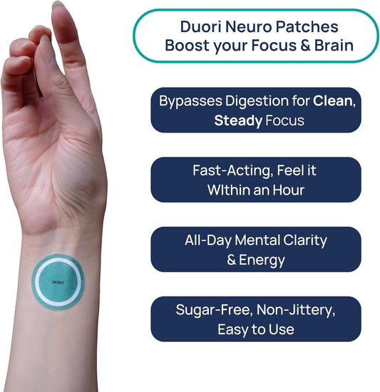 DUORI Neuro Patch applied on arm for discreet, steady focus